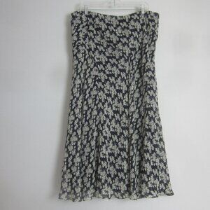 Ralph Lauren Womens Plus 2X Navy Blue Ivory Floral 100% Silk Midi Skirt Cottage
